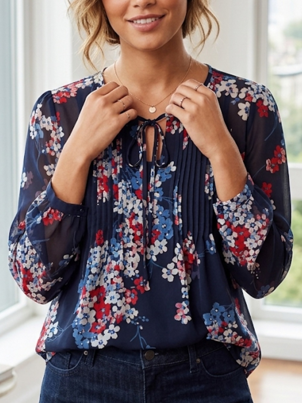 Tommy Hilfiger Women’s Navy Floral Tie-Neck Blouse NWOT medium bohemian sheer
